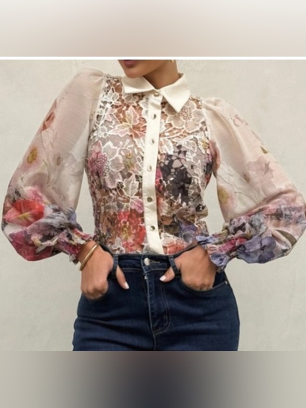 Floral Lace Button-Front Blouse with Puff Sleeves - Cream/Pastel